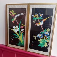 A Pair of mid century painted silk panels