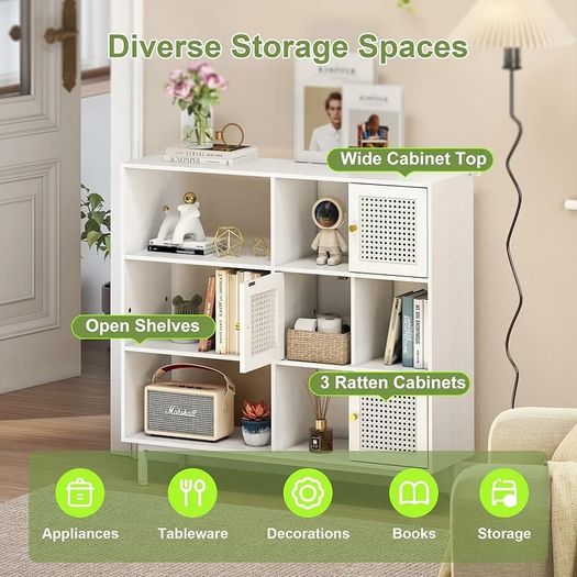 Rattan Bookcase, Storage Sideboard Cabinet with Metal Legs, Wooden Bookshelf with 3 Door, 6 Open Compartments, Freestanding Display Rack for Living Room, Study,102x29x96cm(White)