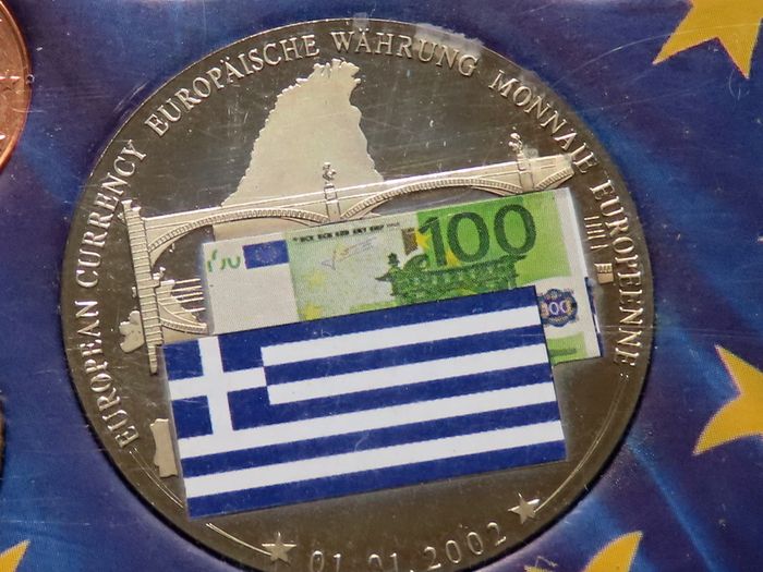 Greece european currencies Medal & stickman 2 EURO coins set UNC
