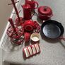 A bundle of Red Cooking Utensils- vintage enamel teapot, Pots, Pans . Cast Iron, Ceramic, Enamel etc Image 2