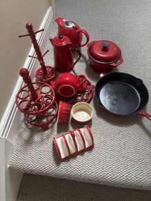 A bundle of Red Cooking Utensils- Pots, Pans . Cast Iron, Ceramic, Enamel etc