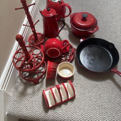 A bundle of Red Cooking Utensils- Pots, Pans . Cast Iron, Ceramic, Enamel etc