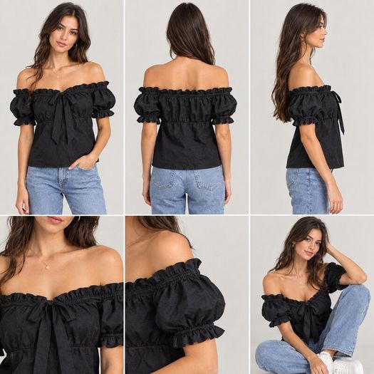 Black Off-Shoulder Ruffle Blouse with Puff Sleeves