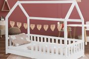 Childrens House Bed 80x160 cm White Pine, Montessori Wooden Roof Frame with Fall-Out Protection and Slatted Base, Solid Single Floor Bed for Boys and Girls, Kids Sturdy Playhouse Style