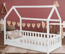 Childrens House Bed 80x160 cm White Pine, Montessori Wooden Roof Frame with Fall-Out Protection and Slatted Base, Solid Single Floor Bed for Boys and Girls, Kids Sturdy Playhouse Style