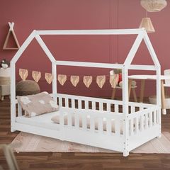Childrens House Bed 80x160 cm White Pine, Montessori Wooden Roof Frame with Fall-Out Protection and Slatted Base, Solid Single Floor Bed for Boys and Girls, Kids Sturdy Playhouse Style