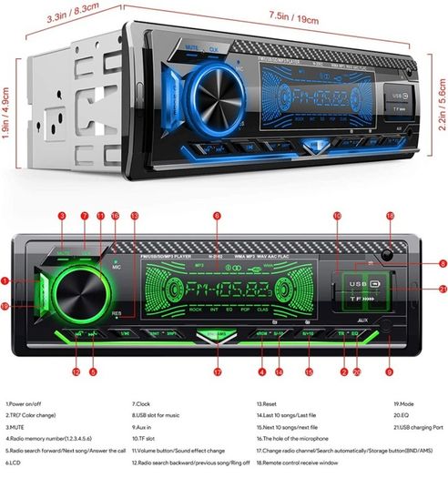 Car Radio Bluetooth 5.0 Hands-free1 Din Universal Built-in Microphone, 4X65W Car Radio Receiver, USB/TF/FM/AUX/WMA/WAV/MP3 Media Player with 7 Colorful Lights (FREE POSTAGE)
