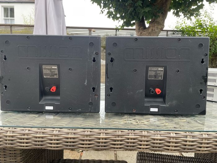 pair of Mission M5 DS speakers, surround sound, bi polar speakers , 2 way reflex, black enclosure, working perfectly.