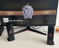monitor, speakers and gaming chair set
