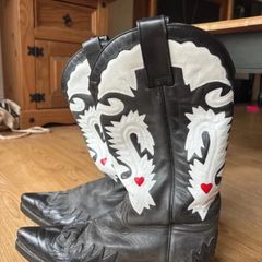 Sendra Vintage Hand-Painted Black Leather Cowboy Boots UK 6