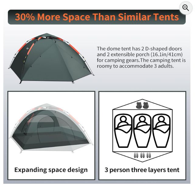 Cflity Camping Tent, 3 Man Instant Pop Up Tent Waterproof Three Layer Automatic Dome Tent, Large Lightweight 4 Seasons Tent