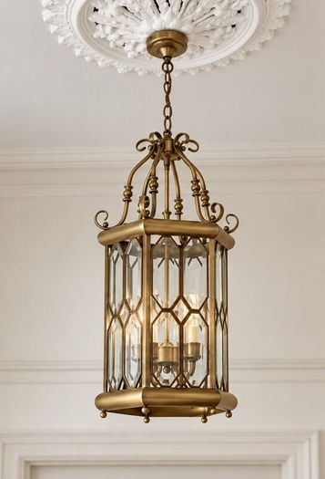Large Ornate Brass & Glass Hall Pendant Light 70cm