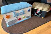 x2 Toy storage boxes Personalized white toy box features a light blue cushioned seat, the name "Jack" and pirate plastic box with lead
