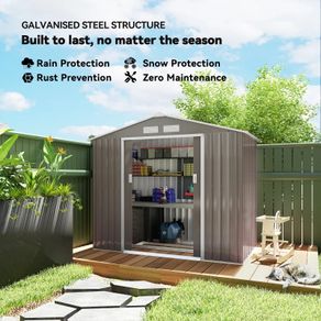 7ft x 4ft Lockable Garden Storage Shed, Metal Tool Storage Sheds with Sloped Roof and Foundation, Grey