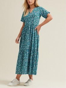 New M&Co blue floral print tiered cotton dress size UK 14 petite