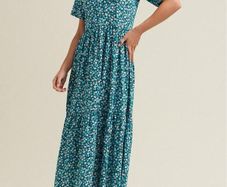 New M&Co blue floral print tiered cotton dress size UK 14 petite