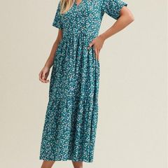 New M&Co blue floral print tiered cotton dress size UK 14 petite