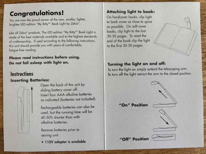 Book Light - Zelco Itty Bitty - Led Edition - BRAND NEW