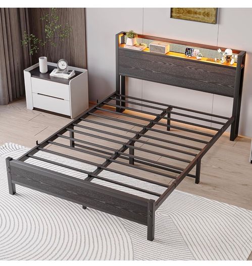 King Size Bed Frame with Storage,LED Lights,5ft Metal Bed Frame Kingsize Bed Frame with Charging Station,Mattress Foundation,Strong Steel Slats Support,Noise Free,Black