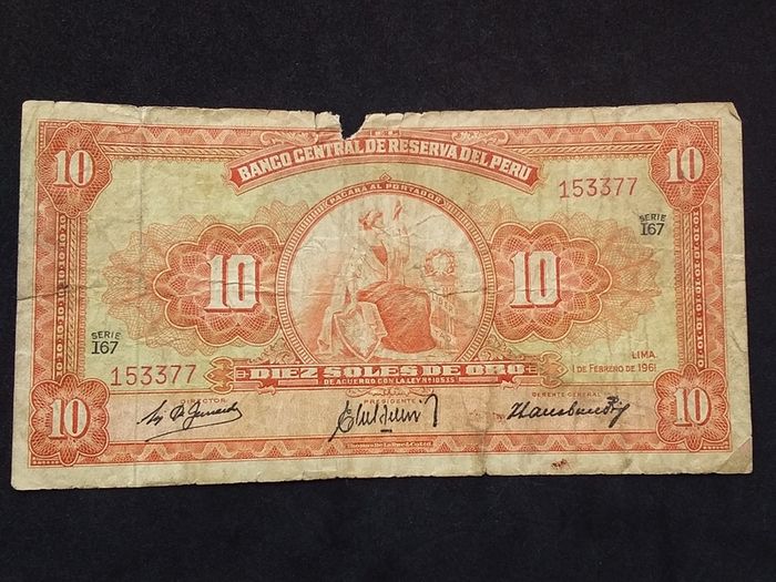 Central Reserve Bank of Peru : 10 Soles de Oro Banknote - 1961
