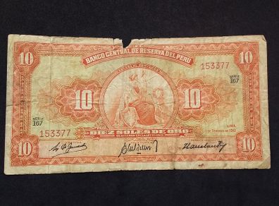 Central Reserve Bank of Peru : 10 Soles de Oro Banknote - 1961