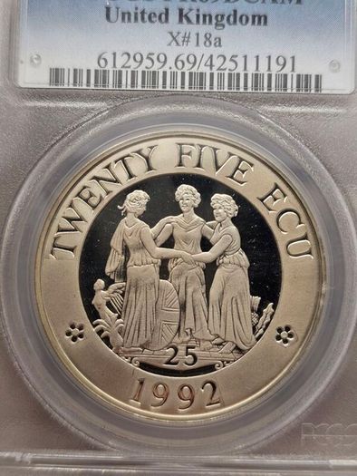 Great Britain 1992 Prooflike 25 Ecu Piedfort PCGS PR69DCAM  Three Graces Coin