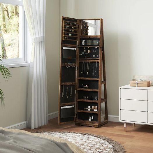 360 Swivel Jewellery Cabinet, Free Standing Full Length Mirror with Storage, Lockable Jewellery Organiser with Built-in Makeup Mirror and Storage Shelves for Bedroom, Rustic Brown