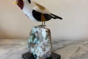 Hand-Carved Gemstone European Goldfinch on Amazonite Crystal Base