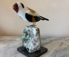 Hand-Carved Gemstone European Goldfinch on Amazonite Crystal Base