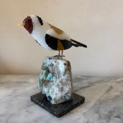 Hand-Carved Gemstone European Goldfinch on Amazonite Crystal Base