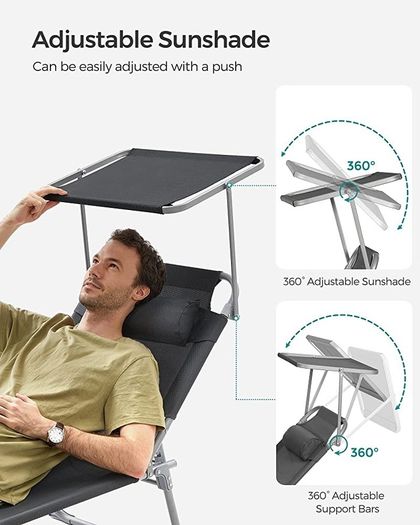Sun Lounger, Deck Chair Folding, Sunbed, 193 x 53 x 29 cm, Max. Load 150 kg, with Sunshade Headrest Adjustable Backrest, Reclining Sun Chair for Terrace Pool Garden, Dark Grey (FREE POSTAGE)
