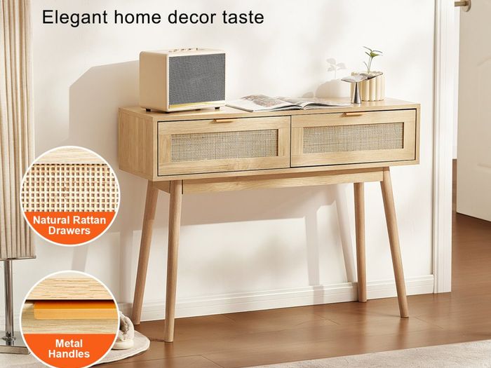Rattan Console Table with 2 Storage Drawers Rattan Sliding Door Natural