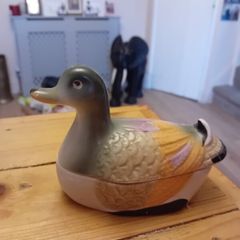 French 1960s Hand Painted Duck Terrine butter or Trinket Holder