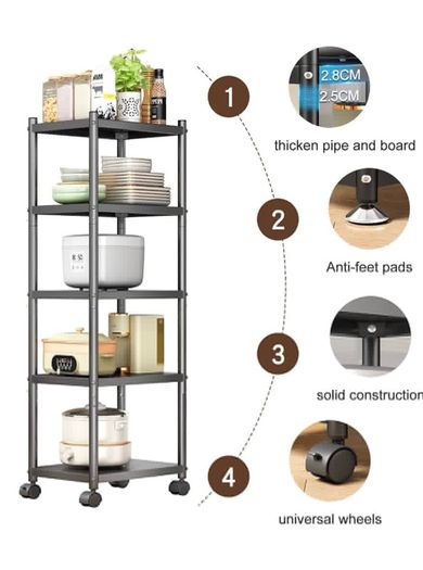 5 Tier Metal Shelving Unit, 360 Swivel Wheels for Kitchen Thick steel rack, 42.5x31x151H, 8cm adjust, 75kg, anti-slip fixed feet & easy-roll wheels, sturdy, for bath, garage, office