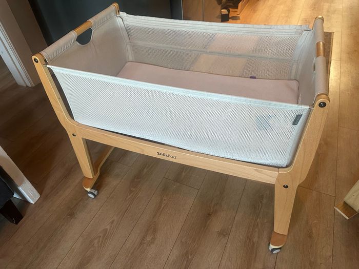 Beside me Snuzpod and Moses basket