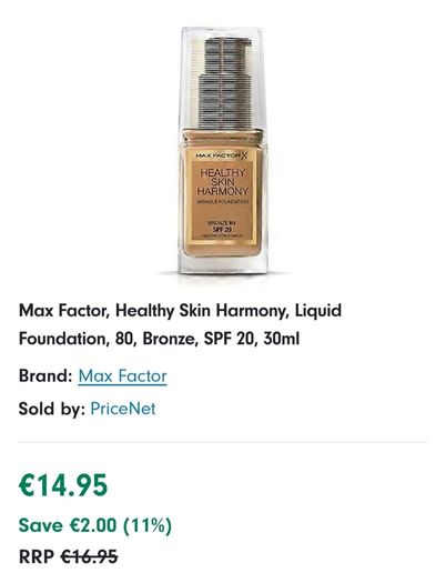 Max Factor Healthy Skin Harmony Liquid Foundation With SPF - Shade - 80 Bronze - Size - 30ml - RRP - 16.95