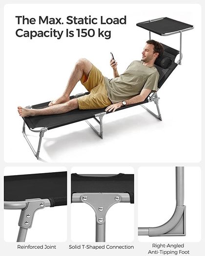 Sun Lounger, Deck Chair Folding, Sunbed, 193 x 53 x 29 cm, Max. Load 150 kg, with Sunshade Headrest Adjustable Backrest, Reclining Sun Chair for Terrace Pool Garden, Black (FREE POSTAGE)