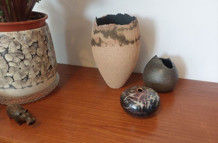 Fabulous Collection of Three Hand-Built Studio Pottery Vases with Organic Asymmetric Shapes, All Hand Made, Unknown Maker Different Makers, Pieces of Sculptural Art