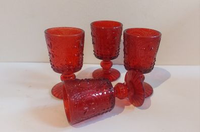 Fabulous Vintage Retro Set of Four Matching Small Universal Footed Red Glasses with a Fleur de Lis Relief Pattern - Perfect for Halloween