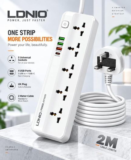 LDNIO SC5415 Surge Fast charging Power Strip with 5 Ac Outlets & 4USB Charging Ports 2m Extension PD power Soket - White
