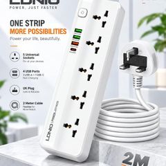 LDNIO SC5415 Surge Fast charging Power Strip with 5 Ac Outlets & 4USB Charging Ports 2m Extension PD power Soket - White