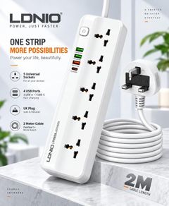 LDNIO SC5415 Surge Fast charging Power Strip with 5 Ac Outlets & 4USB Charging Ports 2m Extension PD power Soket - White