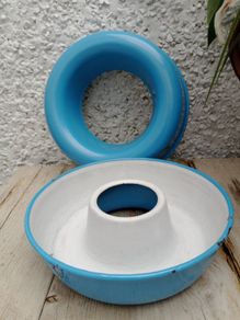vintage blue enamel tins, Bundt tin, Glud and Marstrand