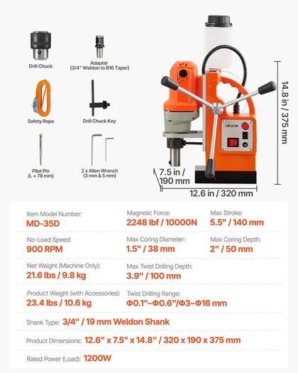 1200W Magnetic Drill Press 38mm Capacity 900RPM Weldon Cutter