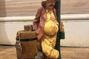 Vintage Spanish Ceramic Drunk Man at Lamp Post Figure with Brandy Barrel, 15cm, Retro Bar Decor