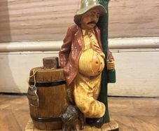 Vintage Spanish Ceramic Drunk Man at Lamp Post Figure with Brandy Barrel, 15cm, Retro Bar Decor