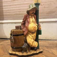 Vintage Spanish Ceramic Drunk Man at Lamp Post Figure with Brandy Barrel, 15cm, Retro Bar Decor