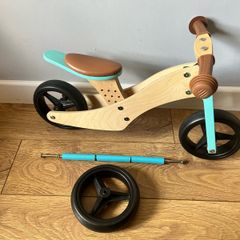 Sage Green Wooden Balance Bike and Tricycle with Adjustable Seat and Rubber Tyres