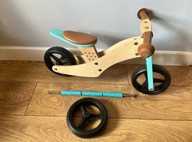 Sage Green Wooden Balance Bike and Tricycle with Adjustable Seat and Rubber Tyres