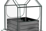 Metal Planter Box with Cover, Raised Garden Bed with Greenhouse, for Herbs and Vegetables, Clear and Dark Grey